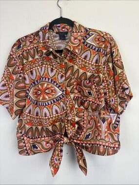 Rachel Roy Retro Psychedelic Tie Front Blouse Top Large Boho Mod Festival